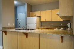 Kitchen featuring light wood-finish cabinetry, speckled countertops, a double basin stainless steel sink with a gooseneck faucet, and white appliances including a refrigerator and an electric range with an overhead hood fan - 