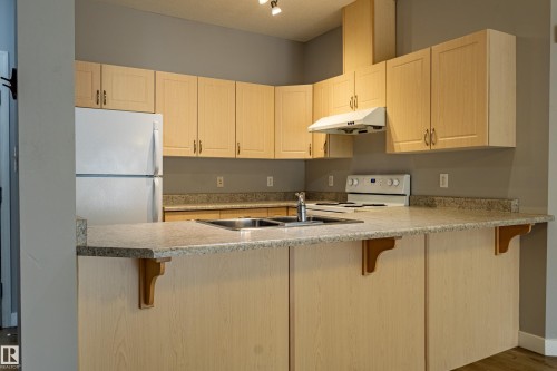 Kitchen featuring light wood-finish cabinetry, speckled countertops, and a double basin sink with a single-handle faucet - #412 4304 139 Av Nw, Edmonton, AB - Indoor Photo Showing Kitchen With Double Sink