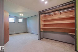 Carpeted room featuring built-in wood shelving, a closet rod, and two windows - 