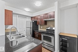 Kitchen featuring dark wood cabinetry, stainless steel appliances, a double basin sink with a high-arc faucet, and dark countertops - 