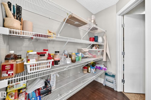 Walk-in pantry featuring extensive wire shelving, rich wood-finish flooring, and a modern paneled door - 12035 168 Avenue Nw, Edmonton, AB 