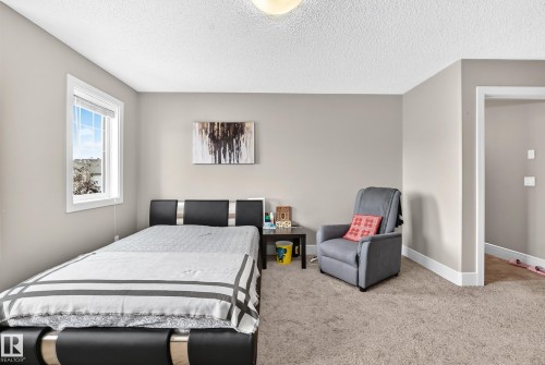 Neutral wall tones, window with white trim, textured ceiling, and carpeted flooring - 12035 168 Avenue Nw, Edmonton, AB 