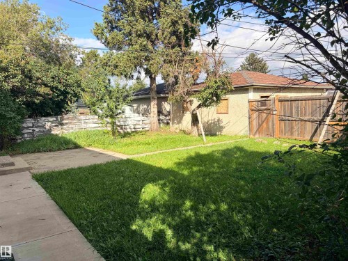 Expansive backyard featuring a concrete patio, a manicured lawn, and mature trees - 13219 107 Street Nw, Edmonton, AB 