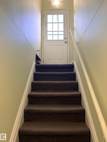 Carpeted staircase with white trim and handrail - 13219 107 Street Nw, Edmonton, AB 