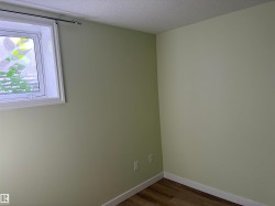 White-trimmed window with privacy glass, light green painted walls, and wood-finish flooring Basement - 