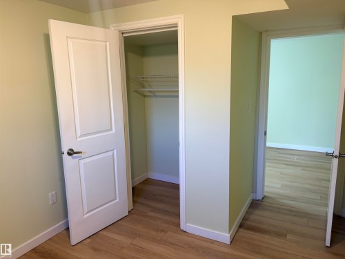 Wood-finish flooring, white paneled door, and closet with wire shelving Basement - 13219 107 Street Nw, Edmonton, AB 