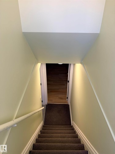 Carpeted staircase with a white handrail, leading to a landing with wood-finish flooring - 13219 107 Street Nw, Edmonton, AB 