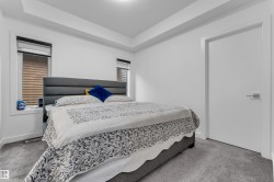 Recessed ceiling with perimeter lighting, plush carpet flooring, two windows with window treatments, and a contemporary panel door with modern hardware - 
