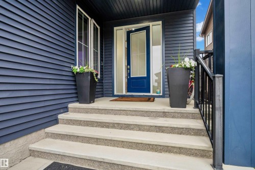 Navy blue horizontal siding, concrete entry stairs, and a dark blue entry door with a sidelight - 1409 Graydon Hill Way Sw, Edmonton, AB 