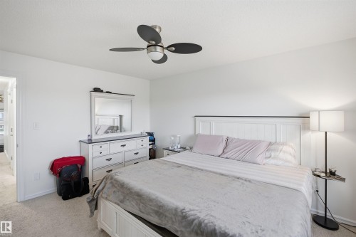 White paneled bed frame, ceiling fan with integrated lighting, white walls, and neutral carpeting - 1523 36 Avenue Nw, Edmonton, AB 