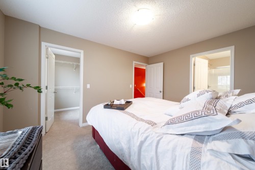 Carpeted bedroom with neutral wall tones, white trim, a flush-mount ceiling light, and access to a walk-in closet featuring wire shelving - #31 460 Hemingway Rd Nw, Edmonton, AB 