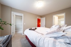 Carpeted bedroom with neutral wall tones, white trim, a flush-mount ceiling light, and access to a walk-in closet featuring wire shelving - 