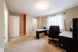 Neutral tone wall paint, textured ceiling, light-colored carpeting, white interior doors, and a window with white trim - 
