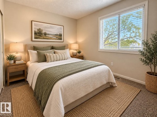 Neutral-toned walls, carpeting, and a large window with white blinds - 3526 42 Street Nw, Edmonton, AB 