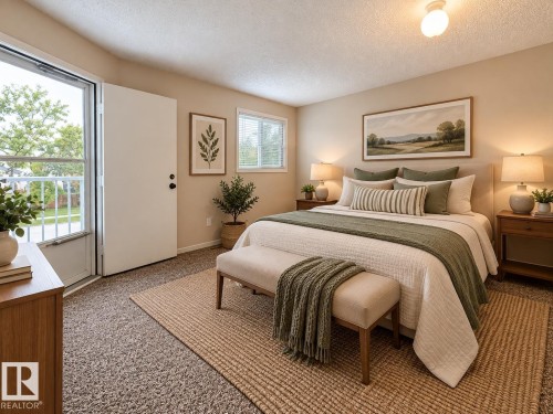 Bedroom featuring carpet flooring, a private exterior door, and multiple windows with blinds - 3526 42 Street Nw, Edmonton, AB 