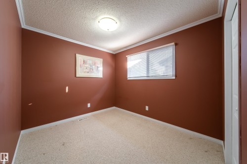 Ceiling-mounted light fixture, crown molding, window with blinds, and wall-to-wall carpeting - 10438 32A Avenue Nw, Edmonton, AB 