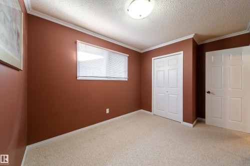 Carpeted flooring, window with blinds, white trim, bi-fold closet door, and flush mount lighting - 10438 32A Avenue Nw, Edmonton, AB 