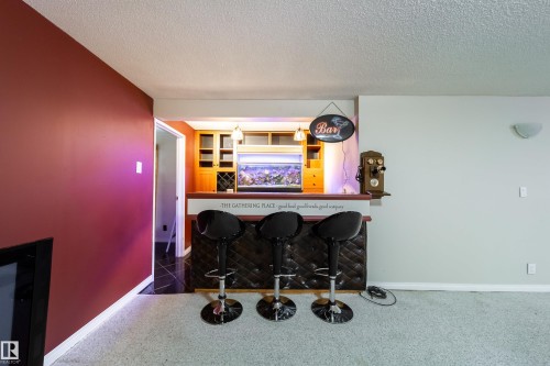 Built-in bar with wood-finish cabinetry, integrated wine storage, and a tiled floor - 10438 32A Avenue Nw, Edmonton, AB 