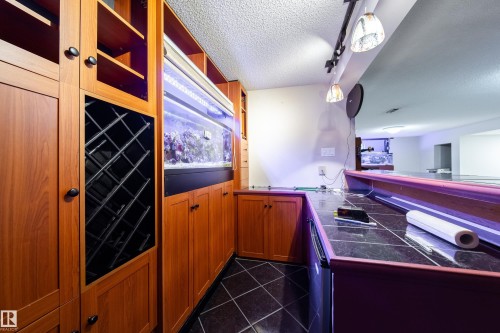 Built-in cabinetry with integrated wine storage, a large aquarium feature, dark tile flooring, and track lighting - 10438 32A Avenue Nw, Edmonton, AB 