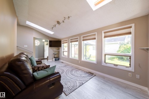 Vaulted ceiling with skylight, wood-finish flooring, recessed windows with window treatments, track lighting fixture - 10438 32A Avenue Nw, Edmonton, AB 