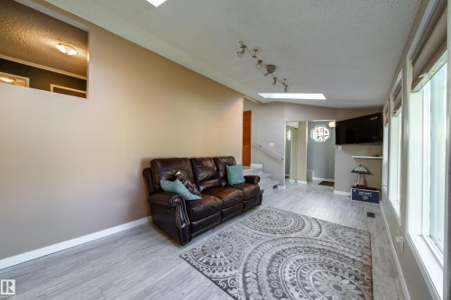 Wood-finish flooring, multiple windows providing natural light, recessed lighting, and a skylight - 10438 32A Avenue Nw, Edmonton, AB 