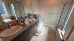 Double vanity with undermount sinks, integrated countertop, built-in cabinetry, and a glass-enclosed shower - 