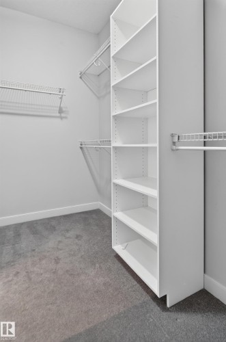 Walk-in closet featuring wire shelving, multiple hanging rods, built-in vertical shelving, and carpet flooring - 904 Armitage Court Sw, Edmonton, AB 