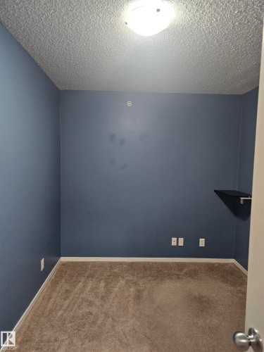 Wall-to-wall carpeting, blue painted walls, ceiling-mounted light fixture, built-in shelving - #421 5816 Mullen Place Nw, Edmonton, AB 