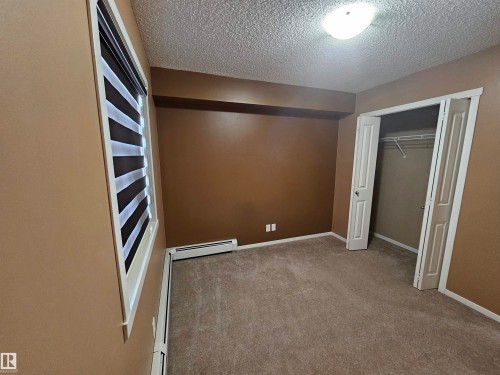 Textured ceiling, wall-to-wall carpeting, window with privacy blinds, bi-fold closet doors, and a flush-mount ceiling light fixture - #421 5816 Mullen Place Nw, Edmonton, AB 