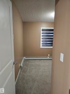 Neutral-toned walls, textured ceiling, gray carpeting, window with horizontal blinds, and baseboard heating - 