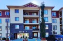 Contemporary multi-story building with a facade featuring cream-colored siding, maroon-colored siding, and dark stacked stone accents - #421 5816 Mullen Place Nw, Edmonton, AB 