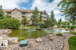 Landscaped outdoor area featuring a pond with water features, surrounding rock gardens, and mature greenery - 