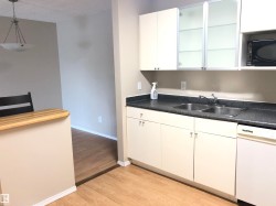 Kitchen featuring wood-finish flooring, white cabinetry, dark countertops, and a double stainless steel sink - 