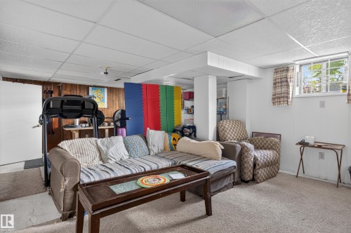 Carpeted flooring throughout, dropped ceiling panels, and wood paneling accents - 12309 80 Street Nw, Edmonton, AB 