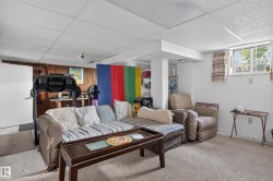 Carpeted flooring throughout, dropped ceiling panels, and wood paneling accents - 