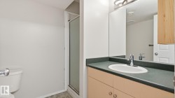 Vanity with an integrated sink and chrome faucet, frosted glass shower enclosure, and a wall-mounted light fixture - 