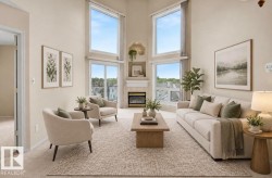 Vaulted ceiling, two-story windows, built-in electric fireplace with mantle, sliding glass door, and neutral-toned carpeting - 