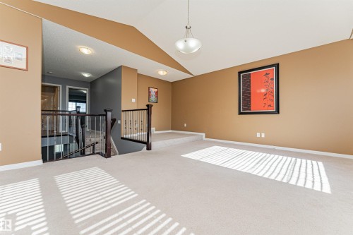 Expansive carpeted area with a vaulted ceiling and a suspended light fixture - 1254 Mcallister Way Sw, Edmonton, AB 