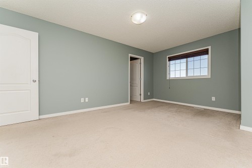 Spacious room featuring neutral carpet, light blue-grey wall paint, and a textured ceiling - 1254 Mcallister Way Sw, Edmonton, AB 