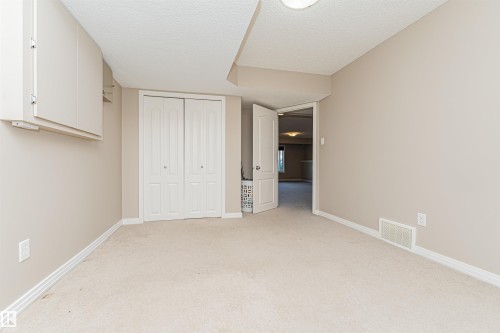 Neutral-toned wall paint, carpet flooring, a built-in closet with bi-fold doors, and an overhead light fixture - 1254 Mcallister Way Sw, Edmonton, AB 