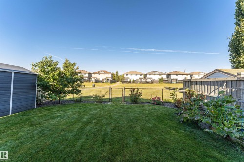 Expansive backyard featuring a manicured lawn, established garden beds, and a chain-link fence - 1254 Mcallister Way Sw, Edmonton, AB 