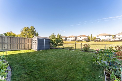Expansive green space featuring a privacy fence, storage shed, chain-link fencing, and garden beds - 1254 Mcallister Way Sw, Edmonton, AB 