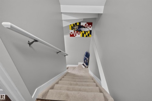 Carpeted staircase with light gray wall paint and white trim - 319 Desrochers Boulevard Sw, Edmonton, AB 