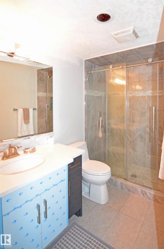 Tiled shower with glass enclosure, white vanity with integrated sink, and large vanity mirror - 9657 68A Street Nw, Edmonton, AB 
