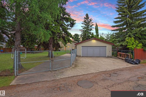Detached garage with a multi-panel door, paved driveway, and mature trees - 9657 68A Street Nw, Edmonton, AB 