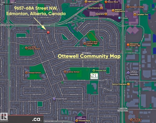 Community Map. Illustrating the location of the property within the Ottewell community, including surrounding streets and points of interest - 9657 68A Street Nw, Edmonton, AB 