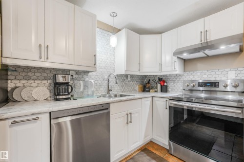 Large Kitchen Space featuring modern white and grey backsplash, stainless steel appliances, butcher block moveable island, and BRAND NEW COUNTERTOPS! - 267 Ridgewood Terrace, St. Albert, AB - Indoor Photo Showing Kitchen With Stainless Steel Kitchen With Upgraded Kitchen