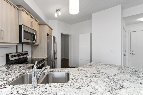 #109 10523 123 St Nw, Edmonton, AB - Indoor Photo Showing Kitchen With Stainless Steel Kitchen With Double Sink With Upgraded Kitchen