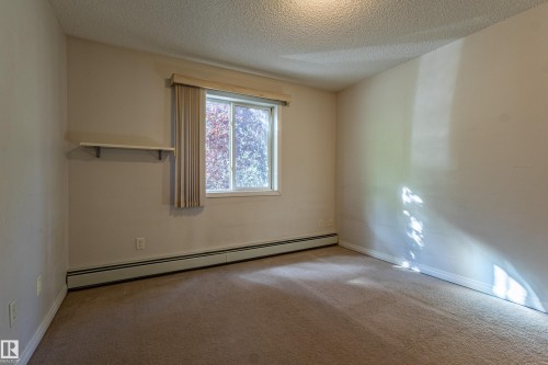 Carpeted flooring, single window with vertical blinds, wall-mounted shelf, and baseboard heating - #316 11325 83 St Nw, Edmonton, AB 