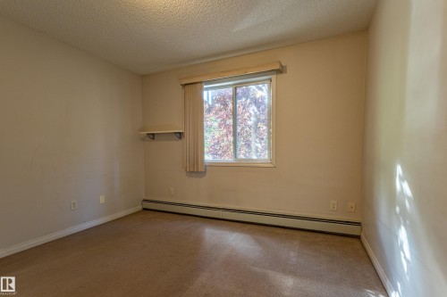 Window with a vertical blind, wall-mounted shelf, baseboard heating unit, and carpeted flooring - #316 11325 83 St Nw, Edmonton, AB 